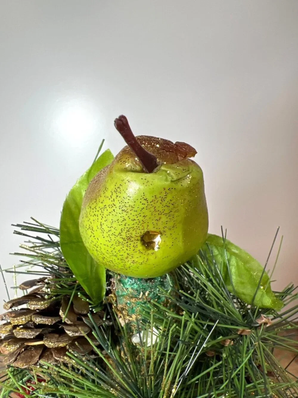 Holiday Centerpiece Pinecone Tree With Faux Fruit & Greenery Accents Glitter 17